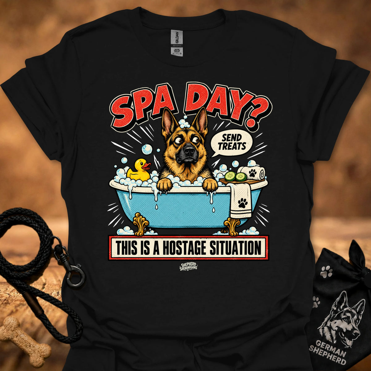 Black T-shirt with 'Spa Day' dog spa graphic and hostage caption