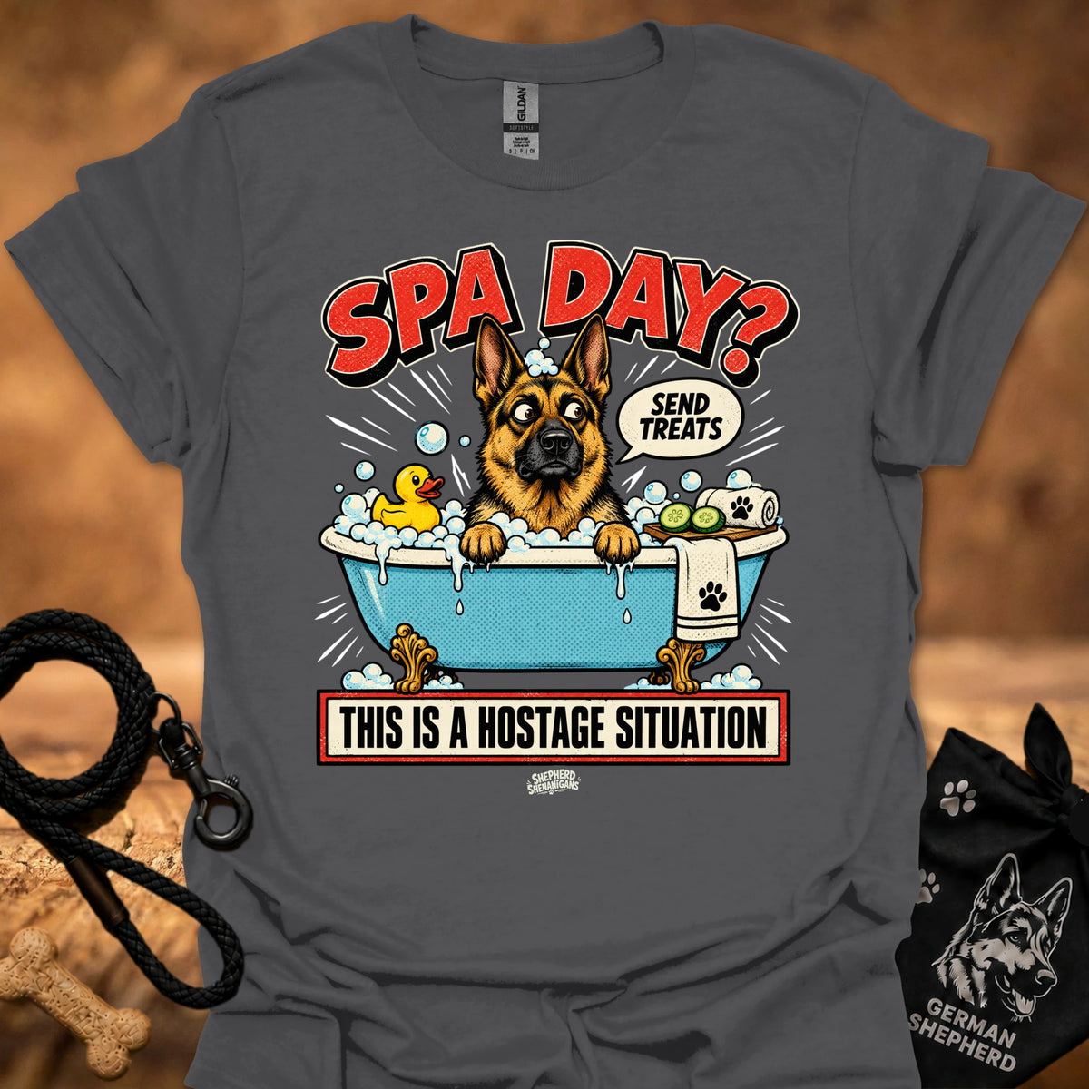 Heather charcoal T-shirt with 'Spa Day' dog spa graphic and hostage caption