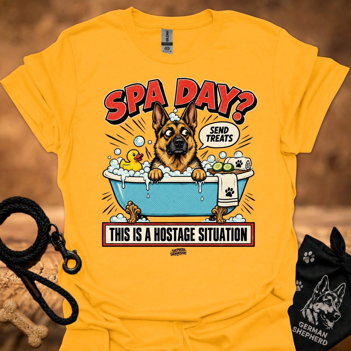 Gold T-shirt with 'Spa Day' dog spa graphic and hostage caption