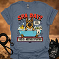 Blue heather T-shirt with 'Spa Day' dog spa graphic and hostage caption