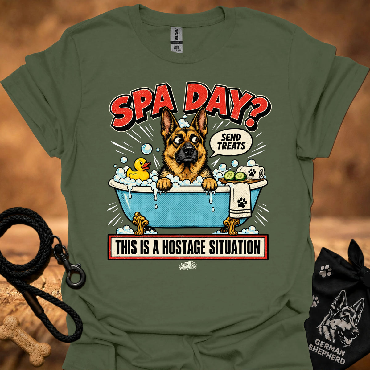 Military green T-shirt with 'Spa Day' dog spa graphic and hostage caption