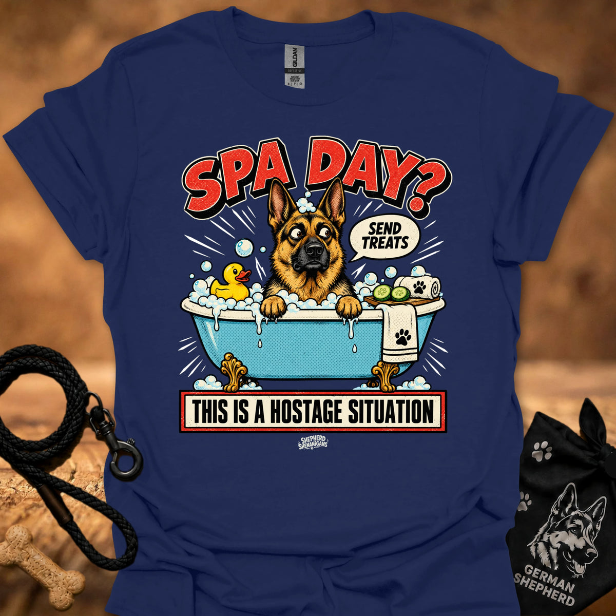Navy T-shirt with 'Spa Day' dog spa graphic and 'This is a hostage situation' text