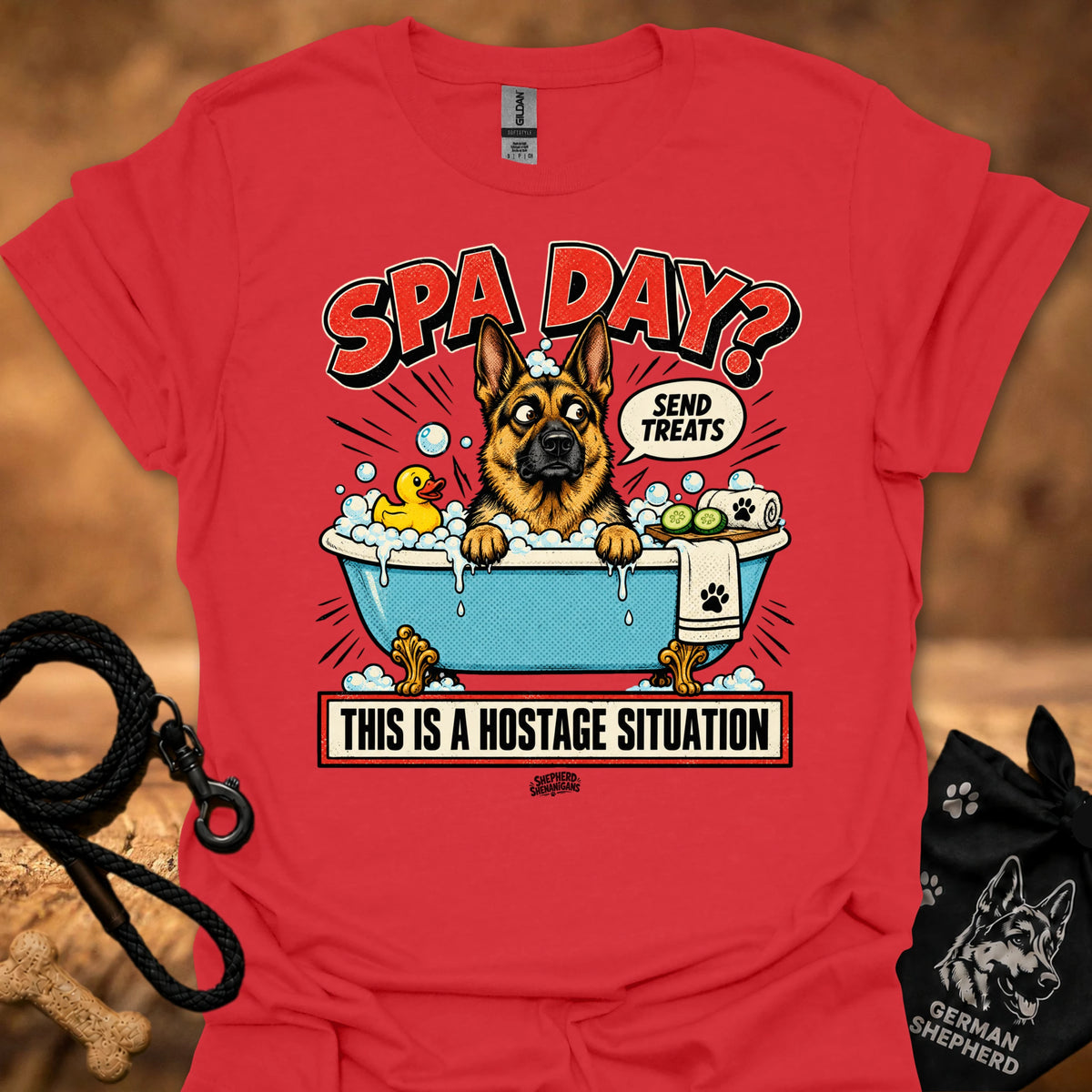 Red T-shirt with 'Spa Day' dog spa graphic and 'This is a hostage situation' text