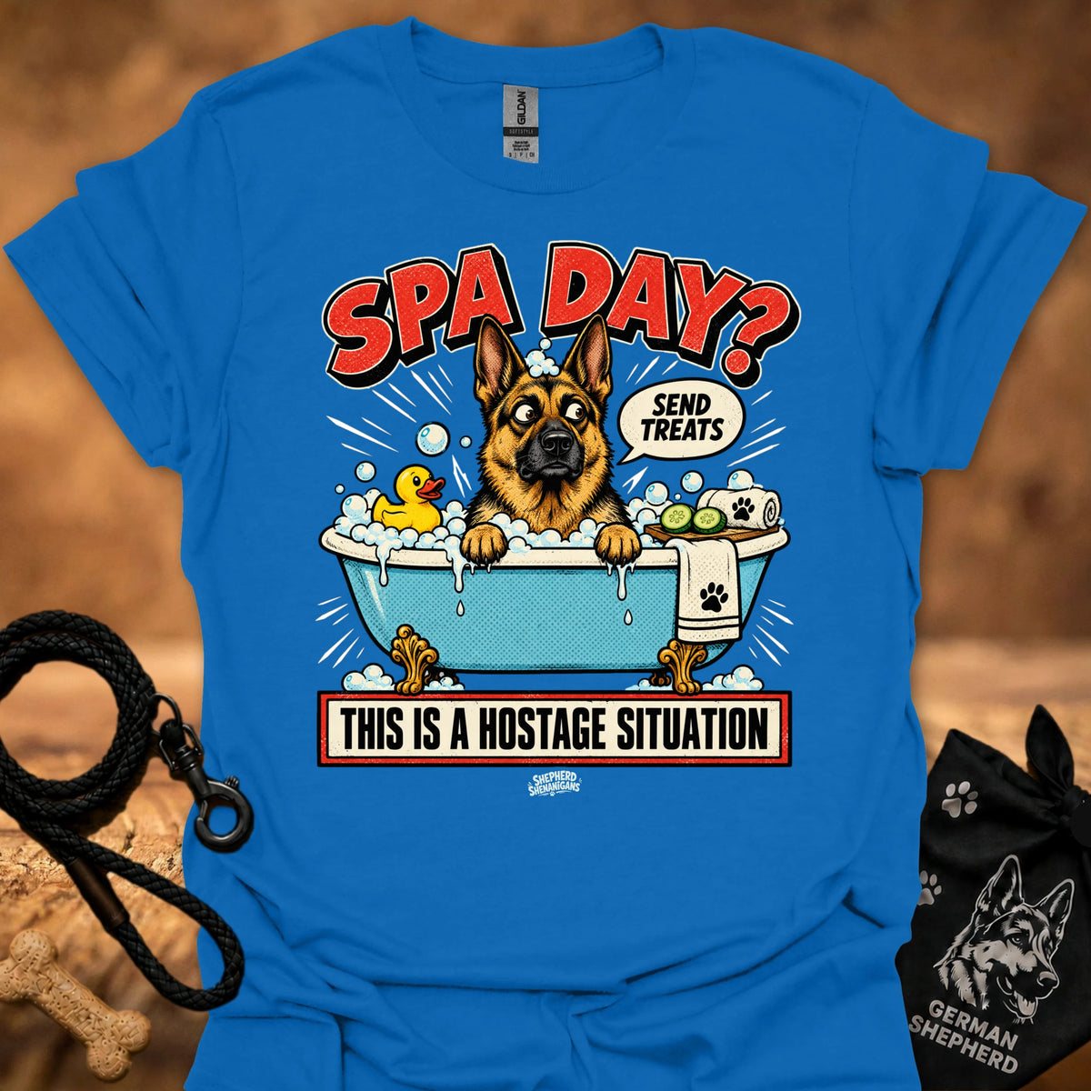 Royal blue T-shirt with 'Spa Day' dog spa graphic and hostage caption