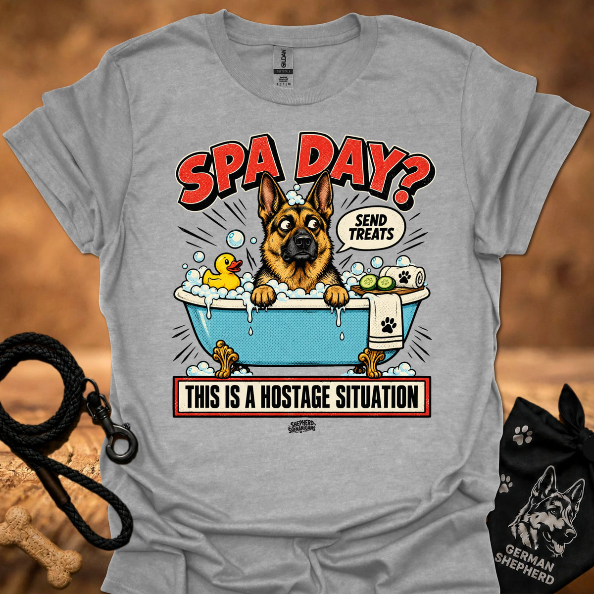 Sport gray T-shirt with 'Spa Day' dog spa graphic and hostage caption