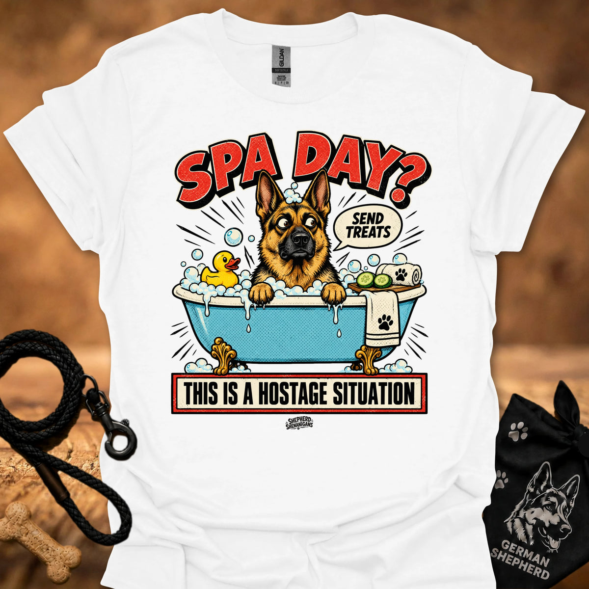 White T-shirt with 'Spa Day' dog spa graphic and 'This is a hostage situation' text