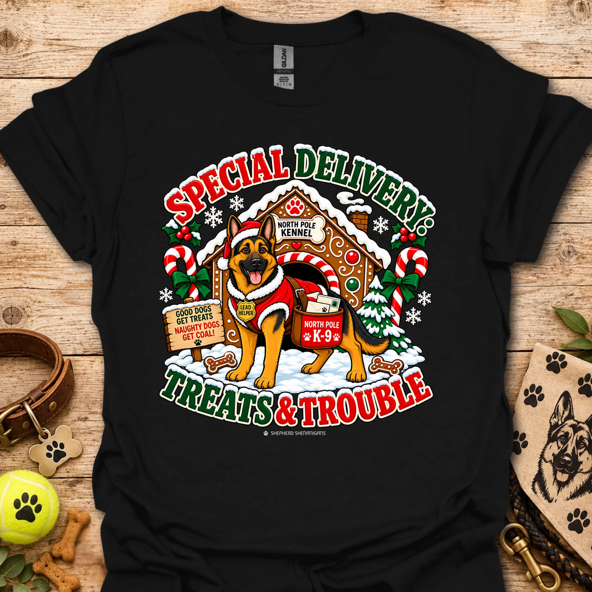 Dog holiday graphic T-shirt with Santa-style badge, black