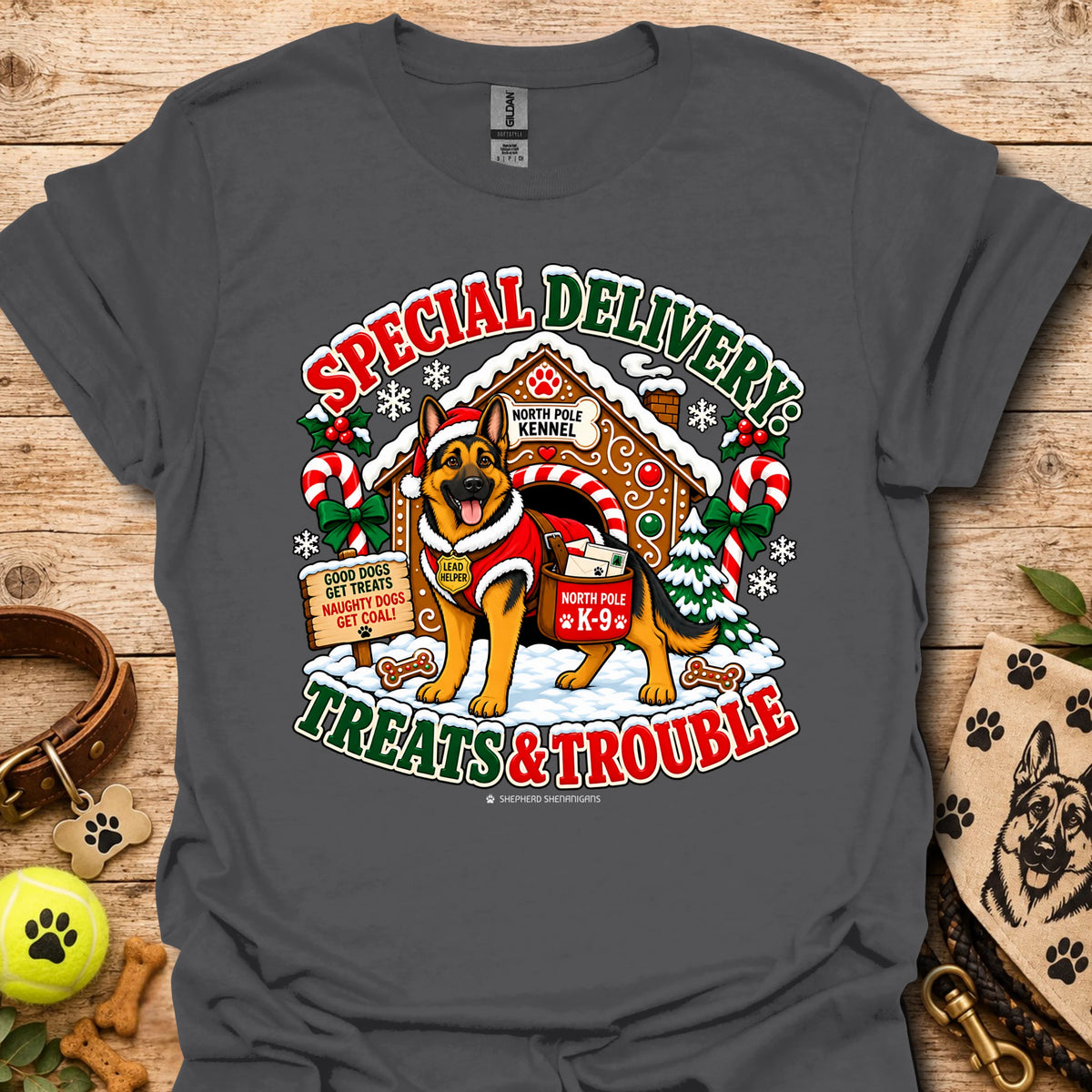 Dog holiday graphic T-shirt with Santa-style badge, dark gray