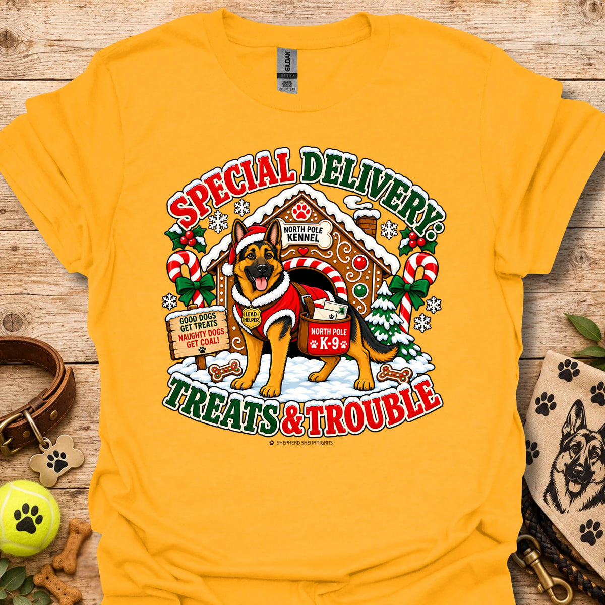 Dog holiday graphic T-shirt with Santa-style badge, yellow gold