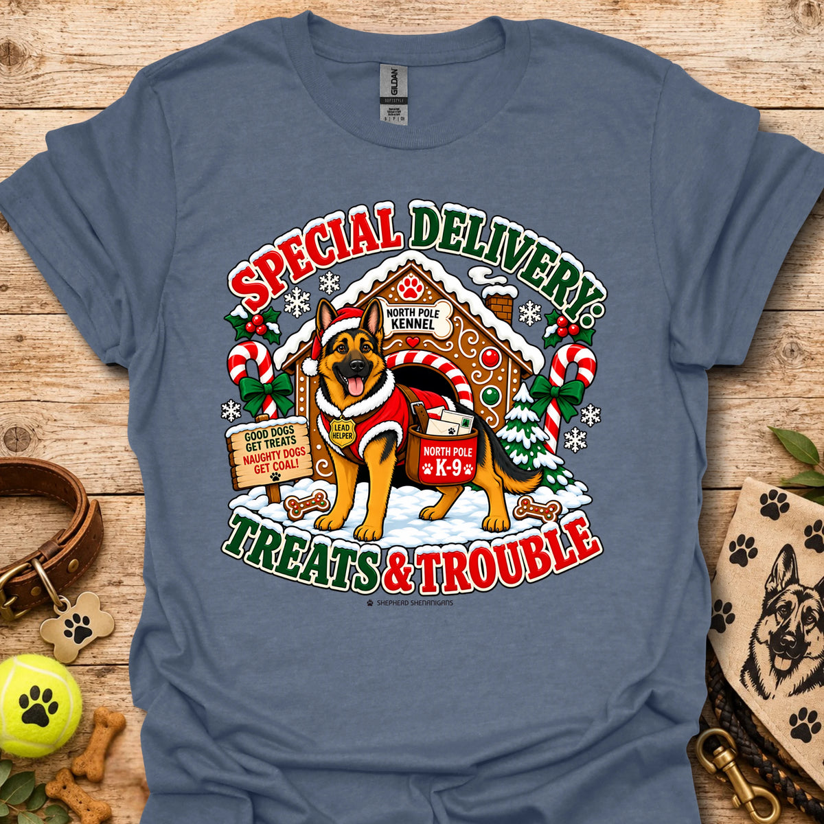 Dog holiday graphic T-shirt with Santa-style badge, blue gray
