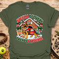 Dog holiday graphic T-shirt with Santa-style badge, military green