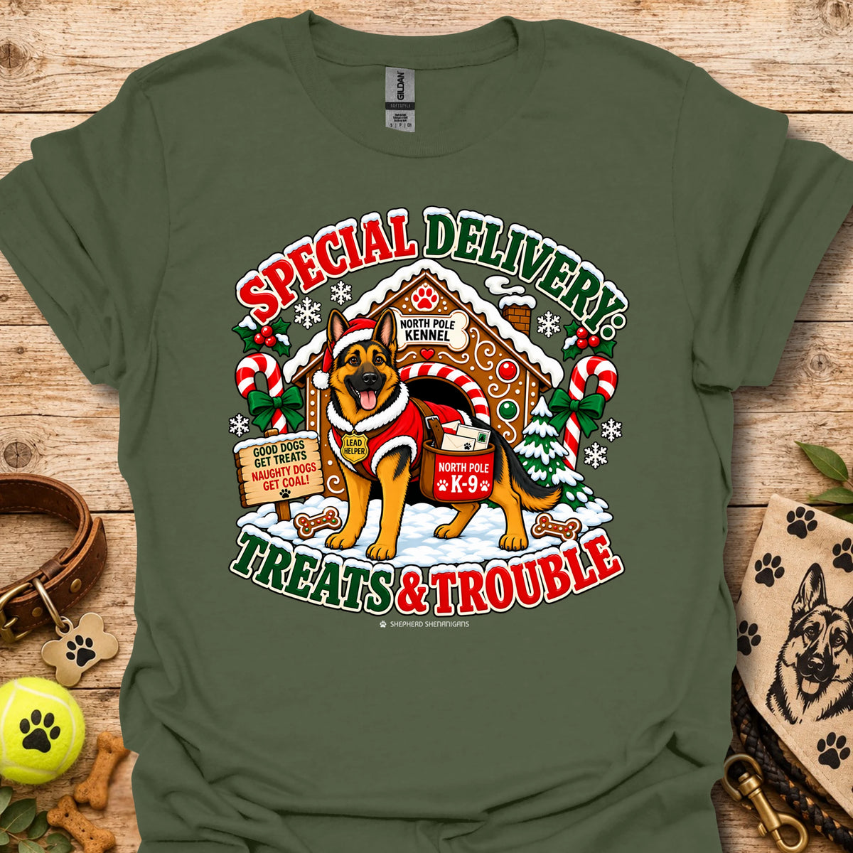 Dog holiday graphic T-shirt with Santa-style badge, military green