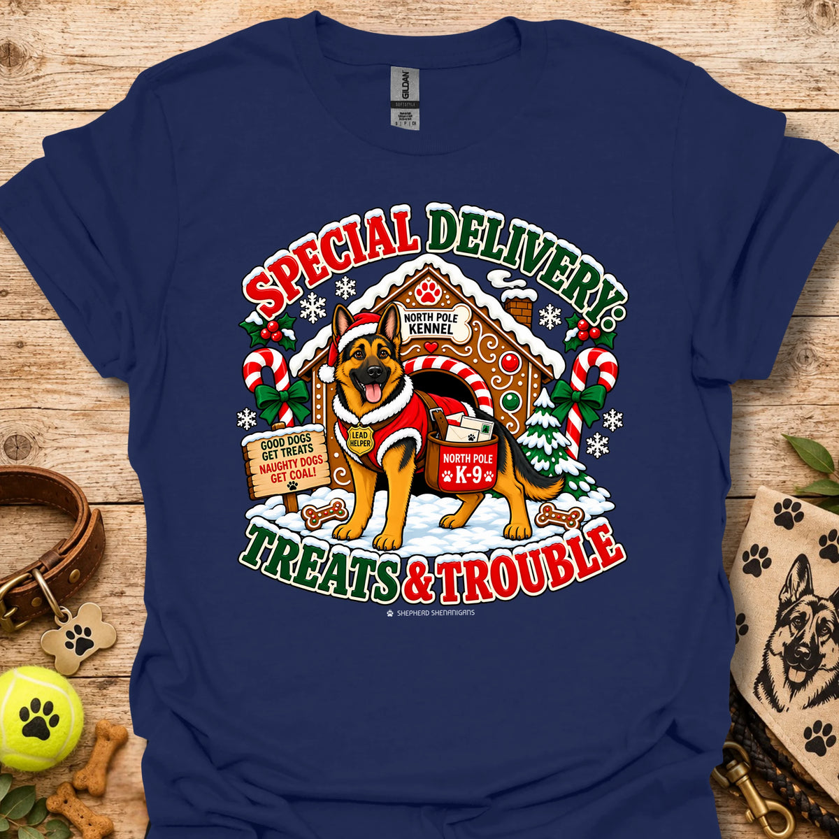 Dog holiday graphic T-shirt with Santa-style badge, navy blue