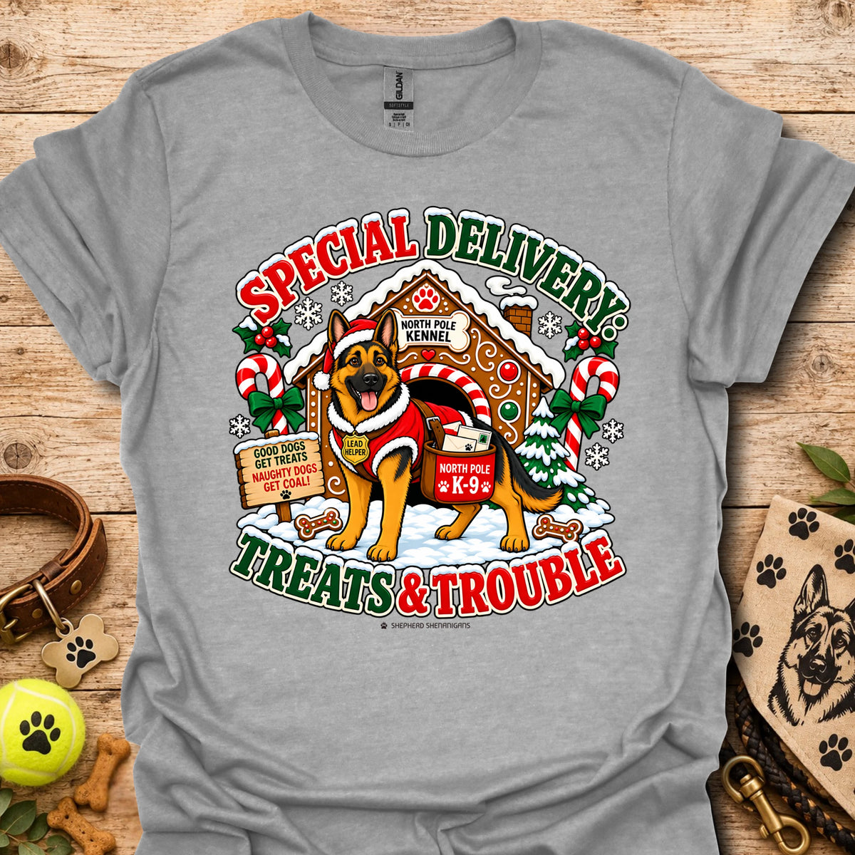 Dog holiday graphic T-shirt with Santa-style badge, light gray