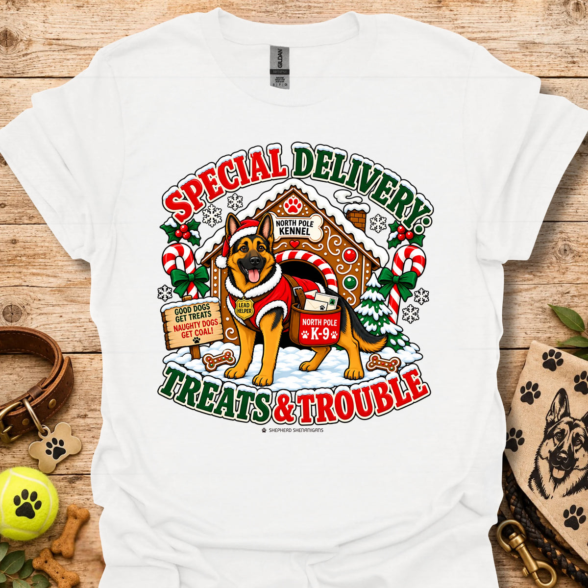 Dog holiday graphic T-shirt with Santa-style badge, white