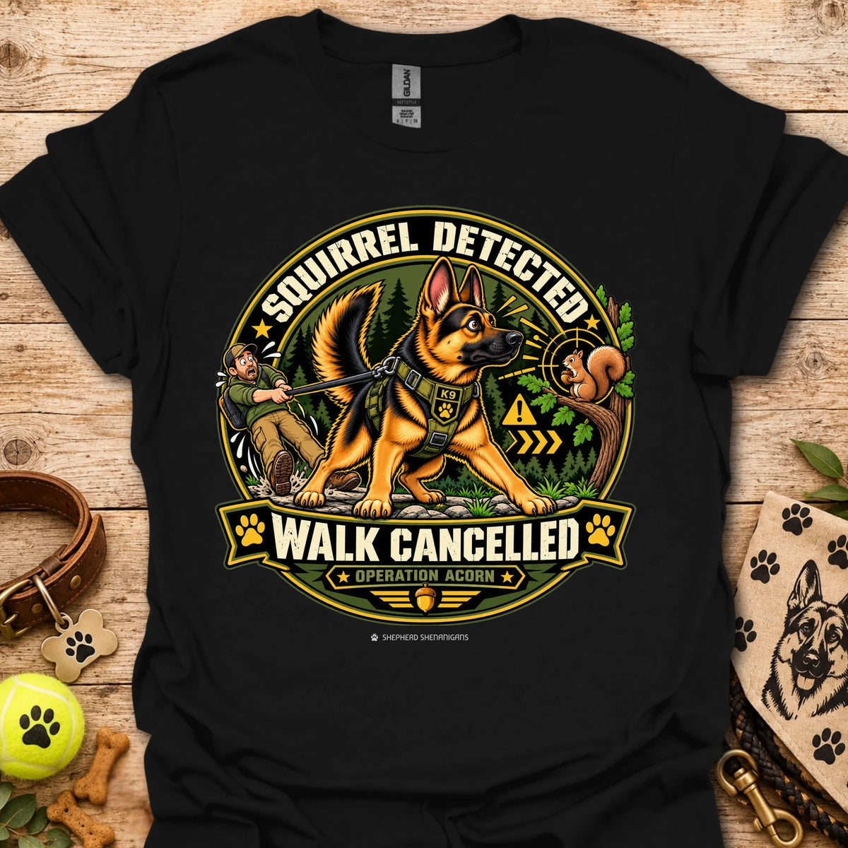 Black crew-neck t-shirt with squirrel “Walk Cancelled” emblem graphic