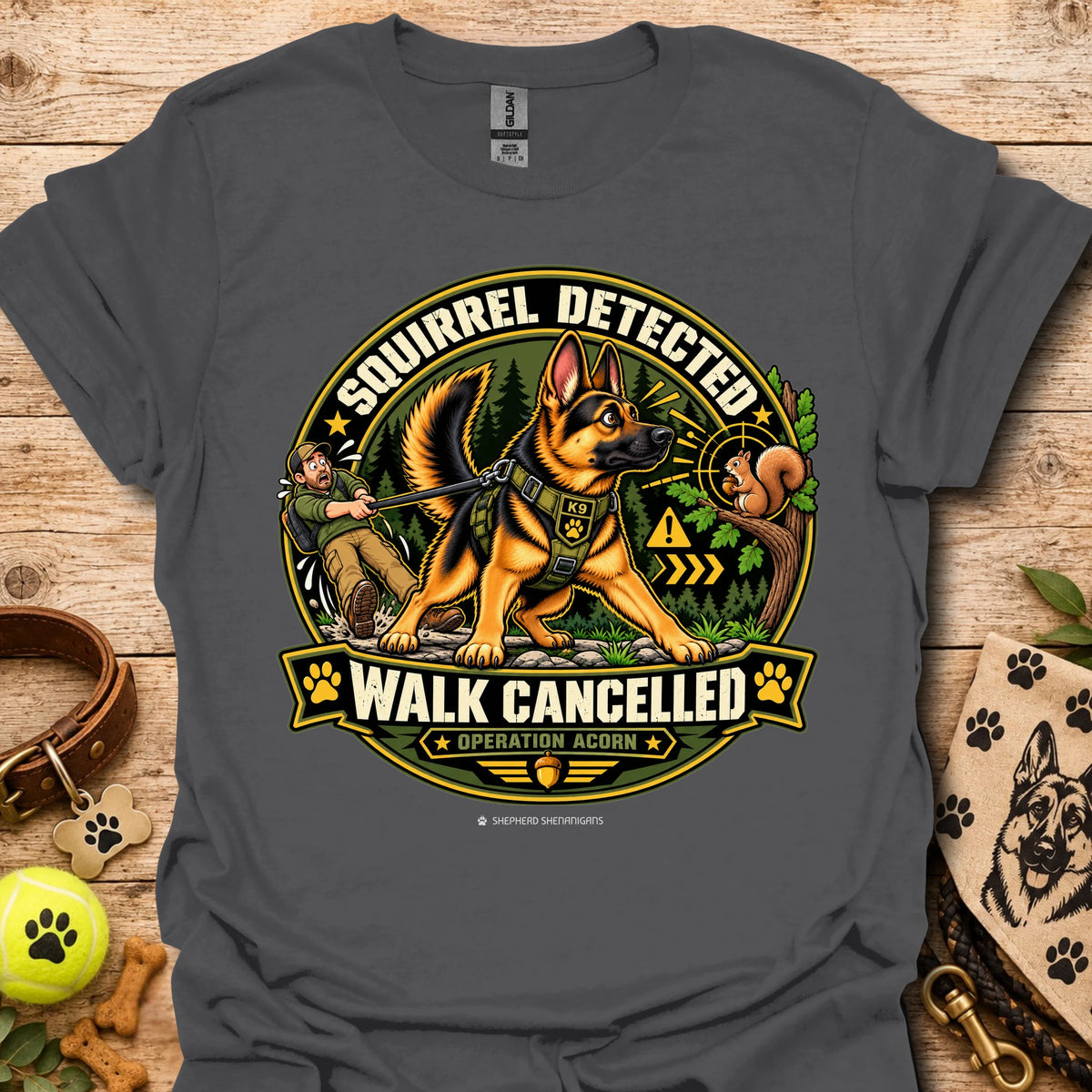 Charcoal crew-neck t-shirt with squirrel “Walk Cancelled” emblem graphic