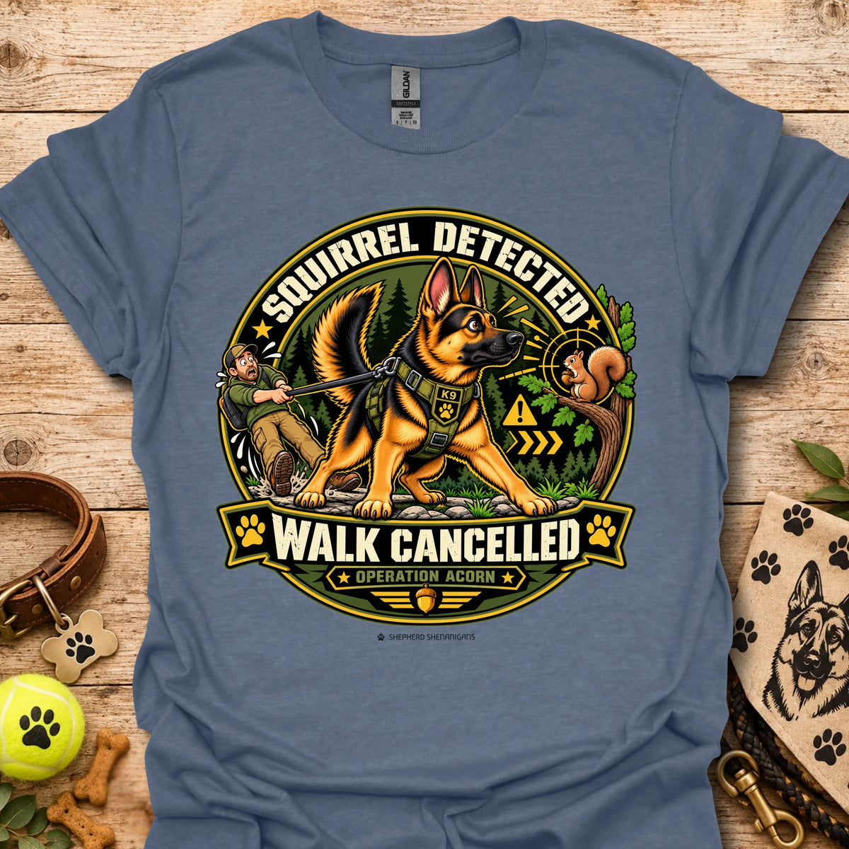 Heather indigo crew-neck t-shirt with squirrel “Walk Cancelled” emblem graphic
