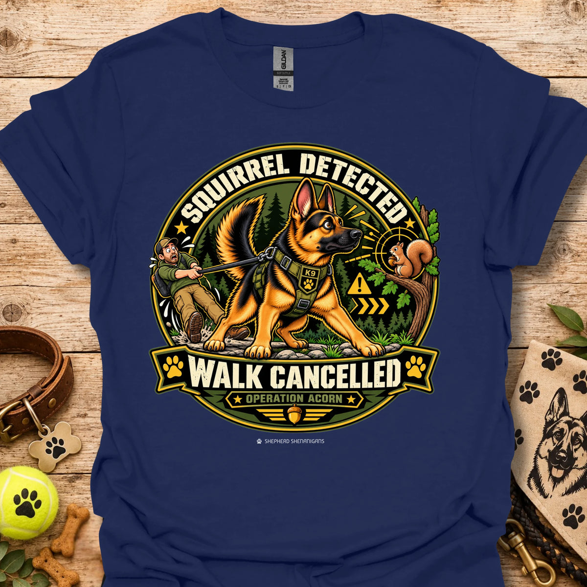 Navy crew-neck t-shirt with squirrel “Walk Cancelled” emblem graphic