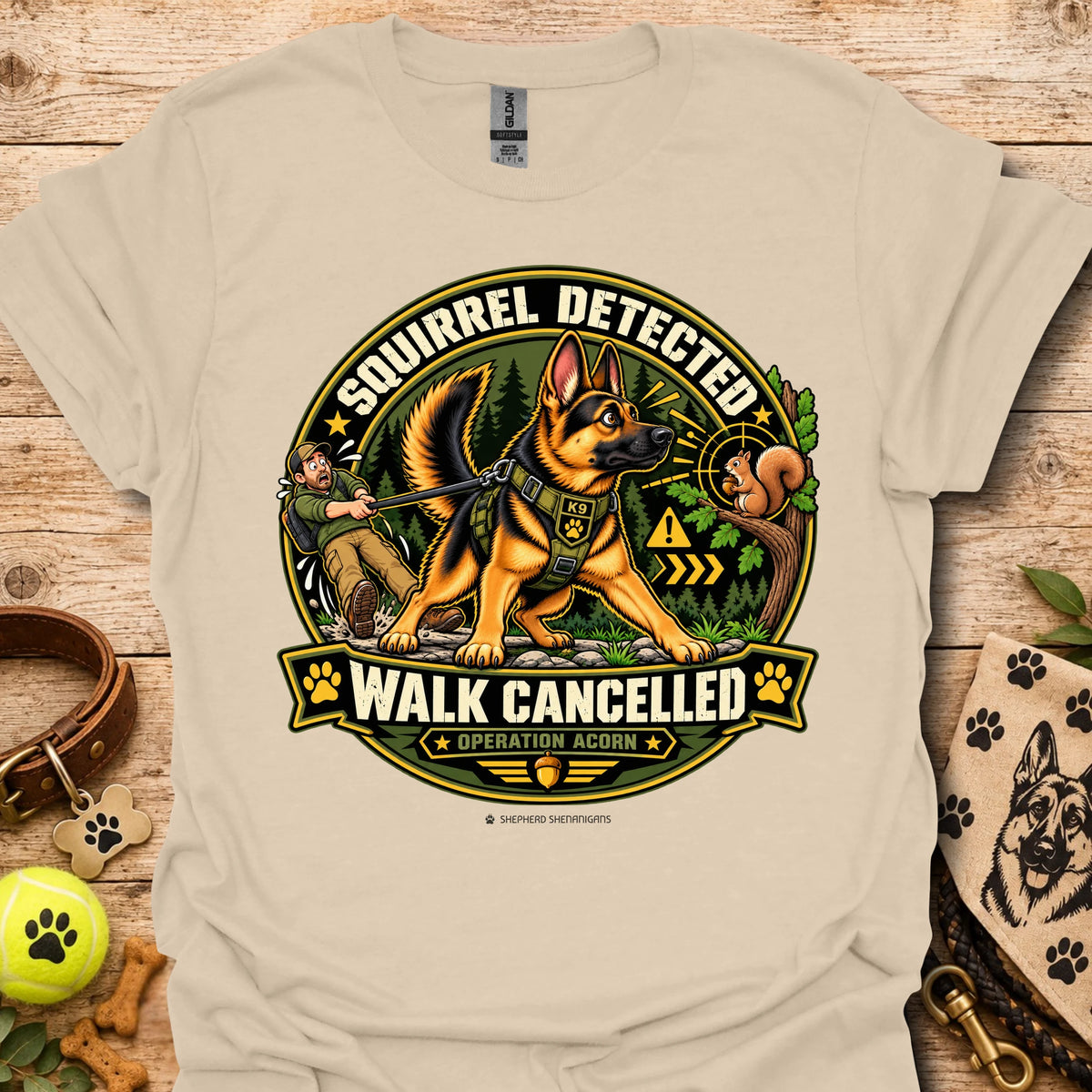 Sand/cream crew-neck t-shirt with squirrel “Walk Cancelled” emblem graphic