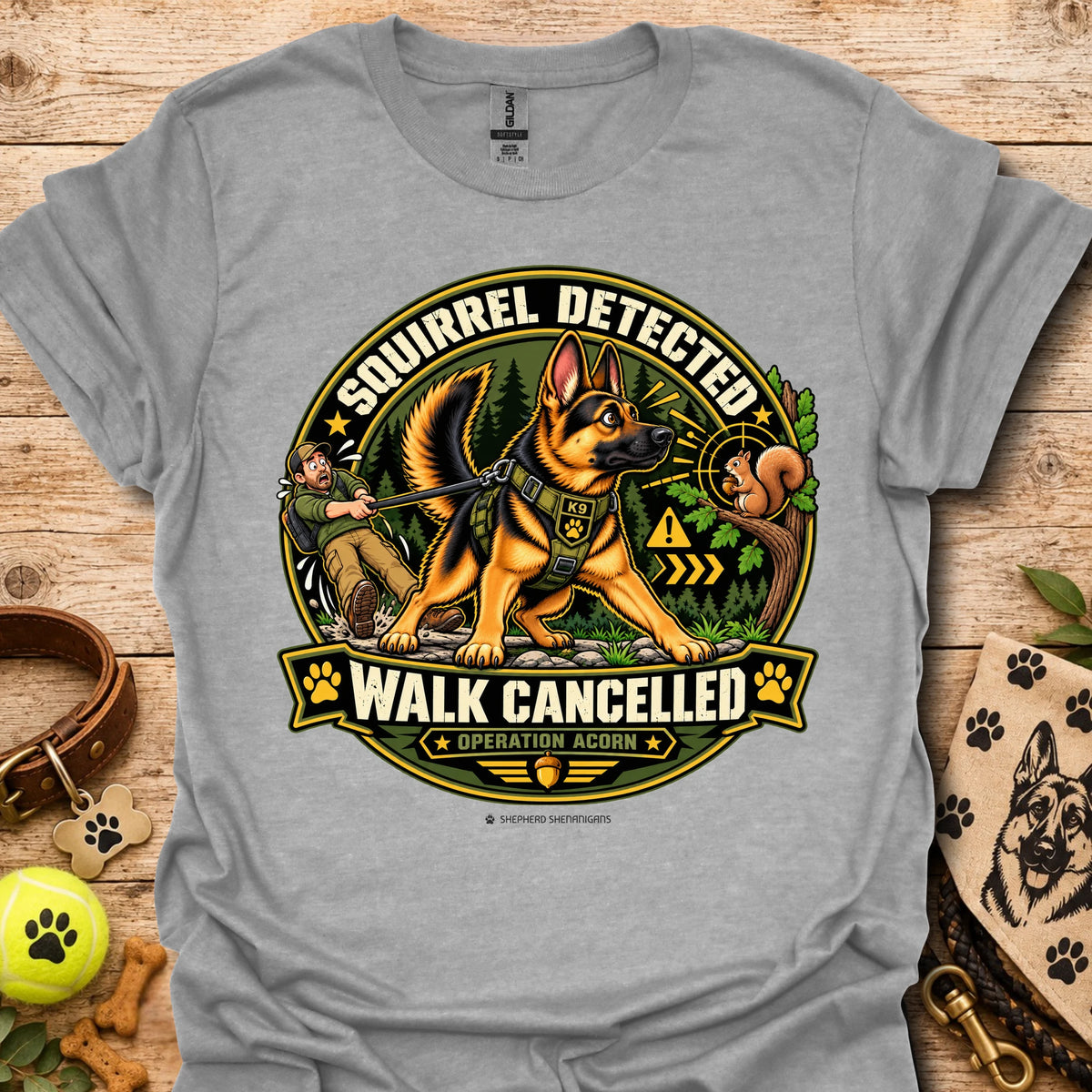 Sport grey crew-neck t-shirt with squirrel “Walk Cancelled” emblem graphic