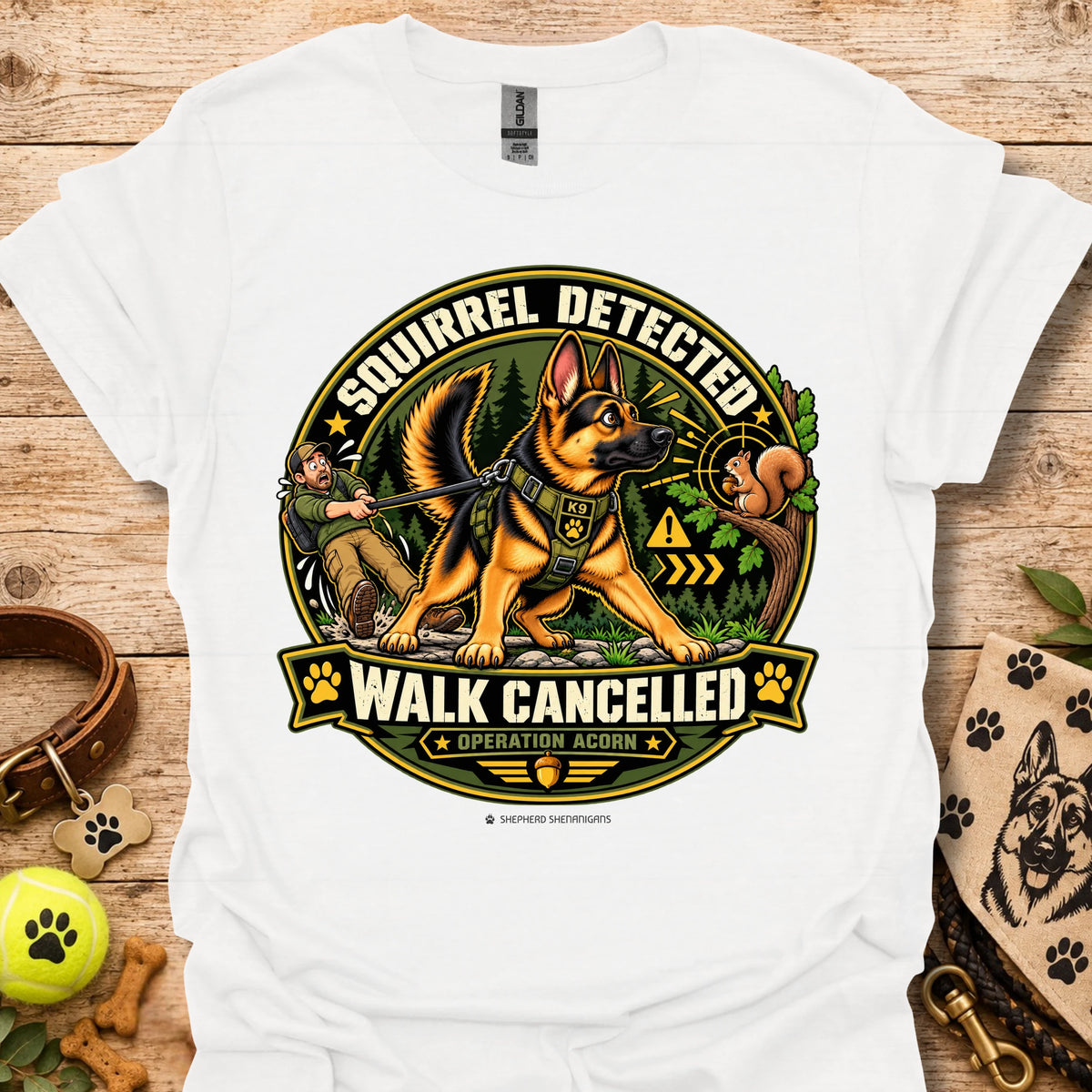 White crew-neck t-shirt with squirrel “Walk Cancelled” emblem graphic