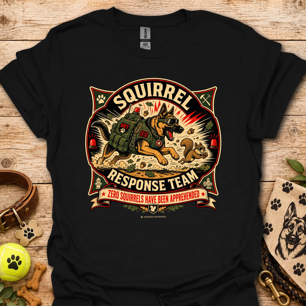 Black squirrel-themed T-shirt with bold “Squirrel Response Team” front graphic.