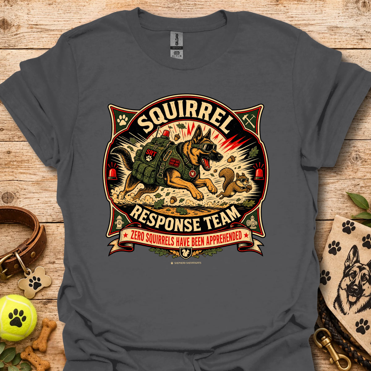 Charcoal grey squirrel-themed T-shirt with “Squirrel Response Team” front graphic.