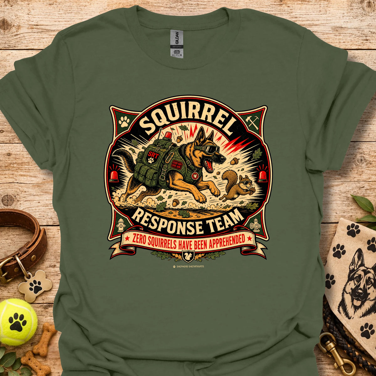 Military green squirrel-themed T-shirt with “Squirrel Response Team” front graphic.