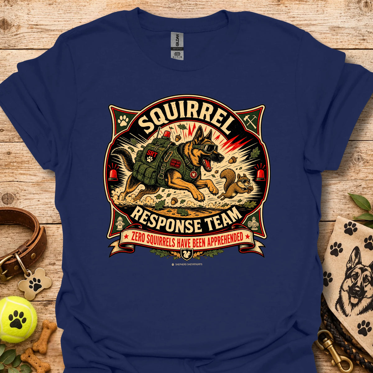 Navy squirrel-themed T-shirt with “Squirrel Response Team” front graphic.
