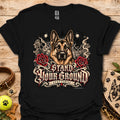 Black T-shirt with German shepherd graphic, roses, and ornate text print