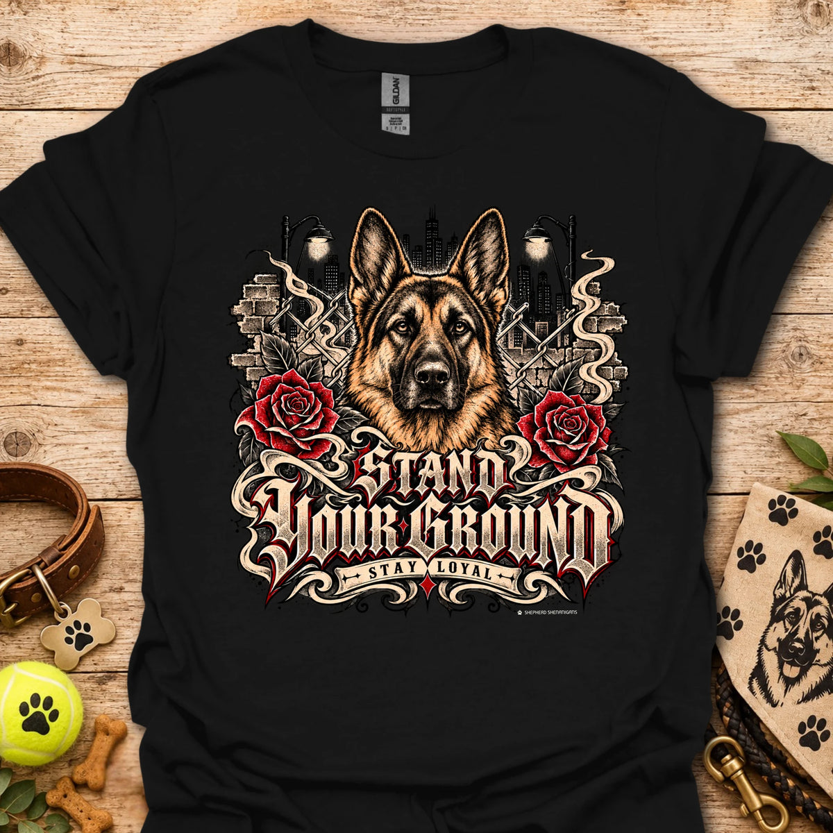 Black T-shirt with German shepherd graphic, roses, and ornate text print