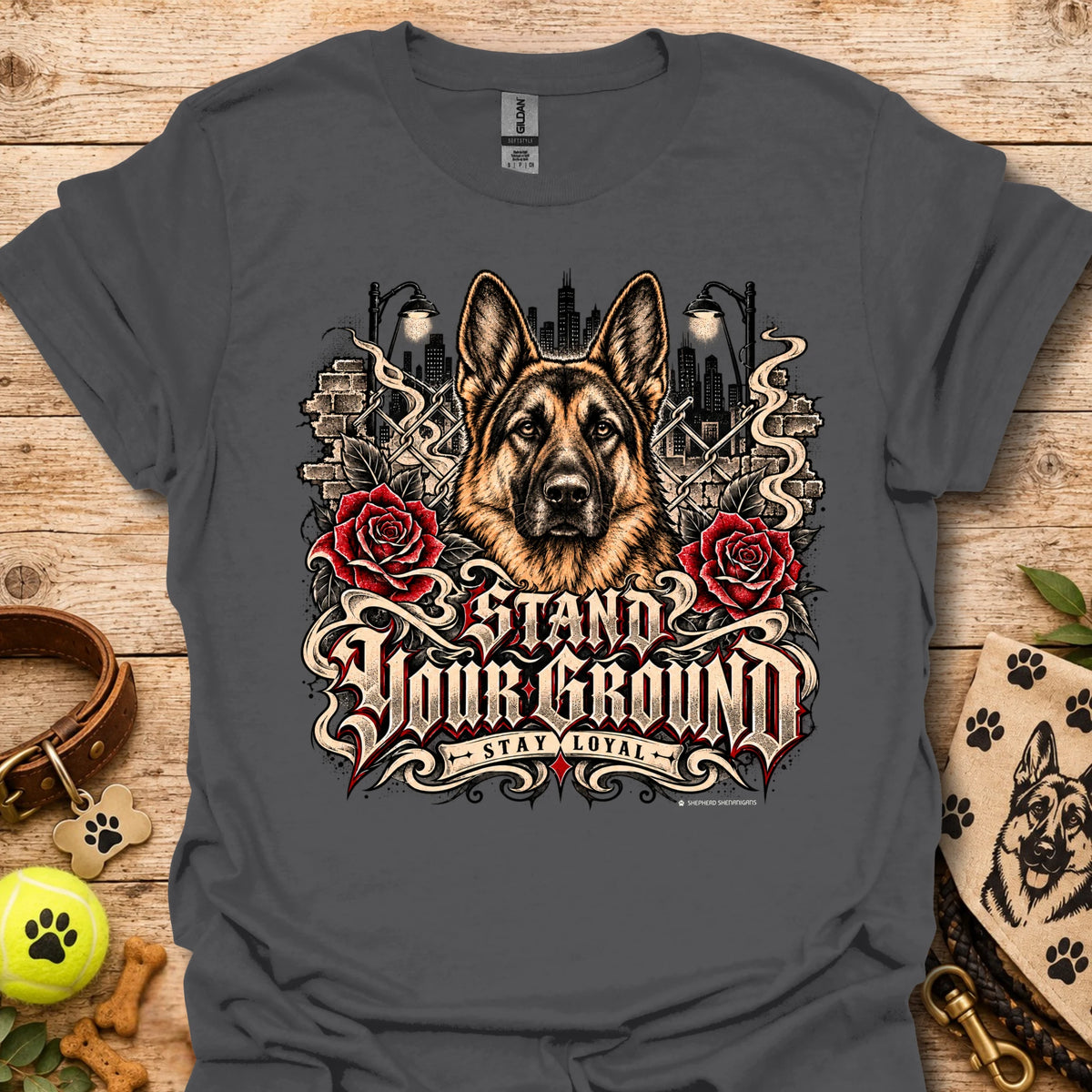 Charcoal T-shirt with German shepherd artwork, red roses, and ornate emblem design