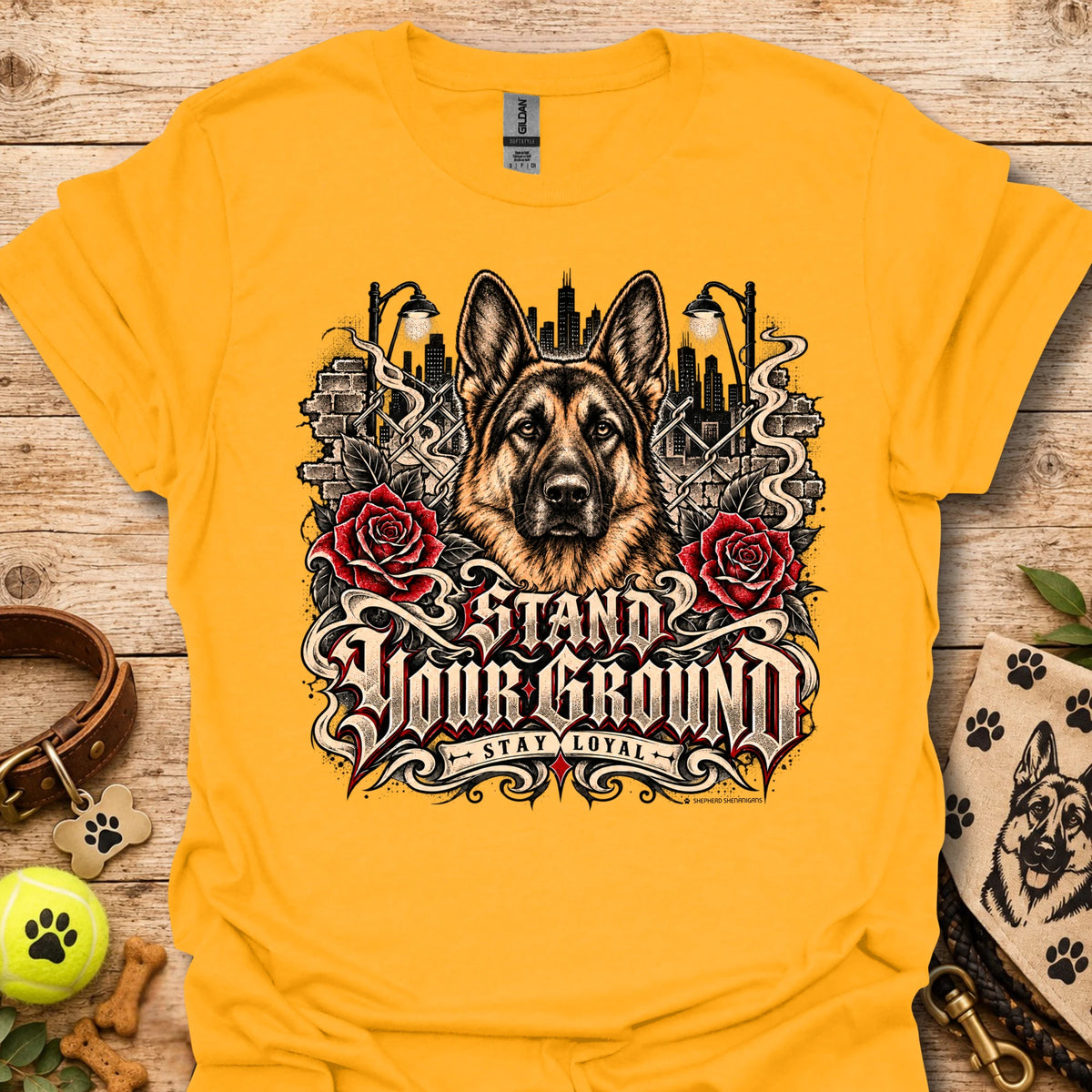 Gold T-shirt with German shepherd portrait, red roses, and detailed emblem graphic