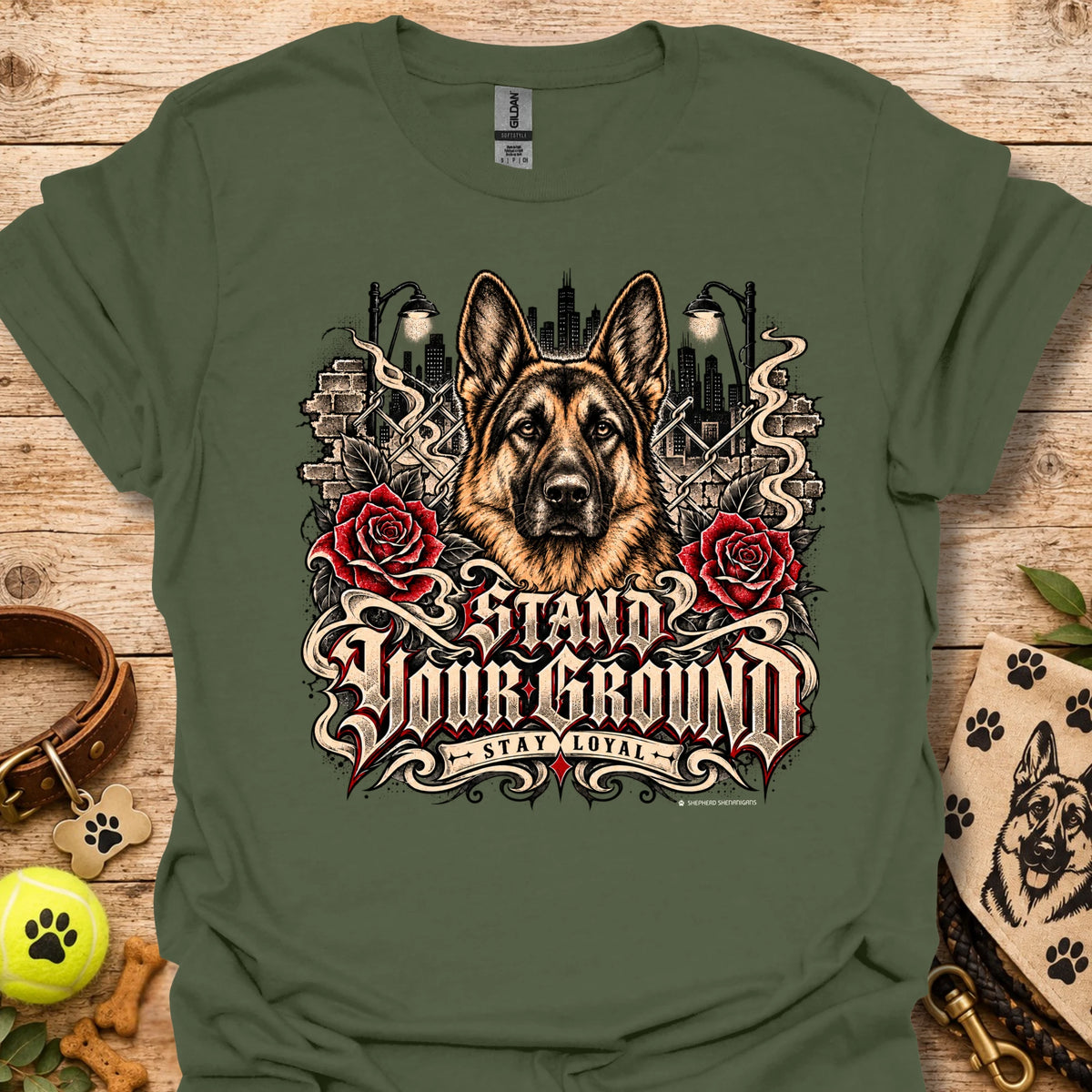 Military green T-shirt featuring German shepherd, red roses, and ornate city text art