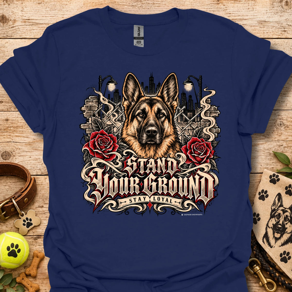 Navy T-shirt with German shepherd, red roses, and ornate city-themed graphic