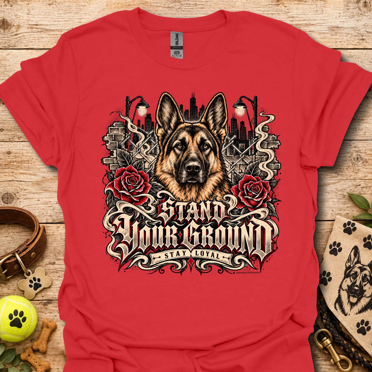 Red T-shirt featuring German shepherd, red roses, and ornate emblem-style print