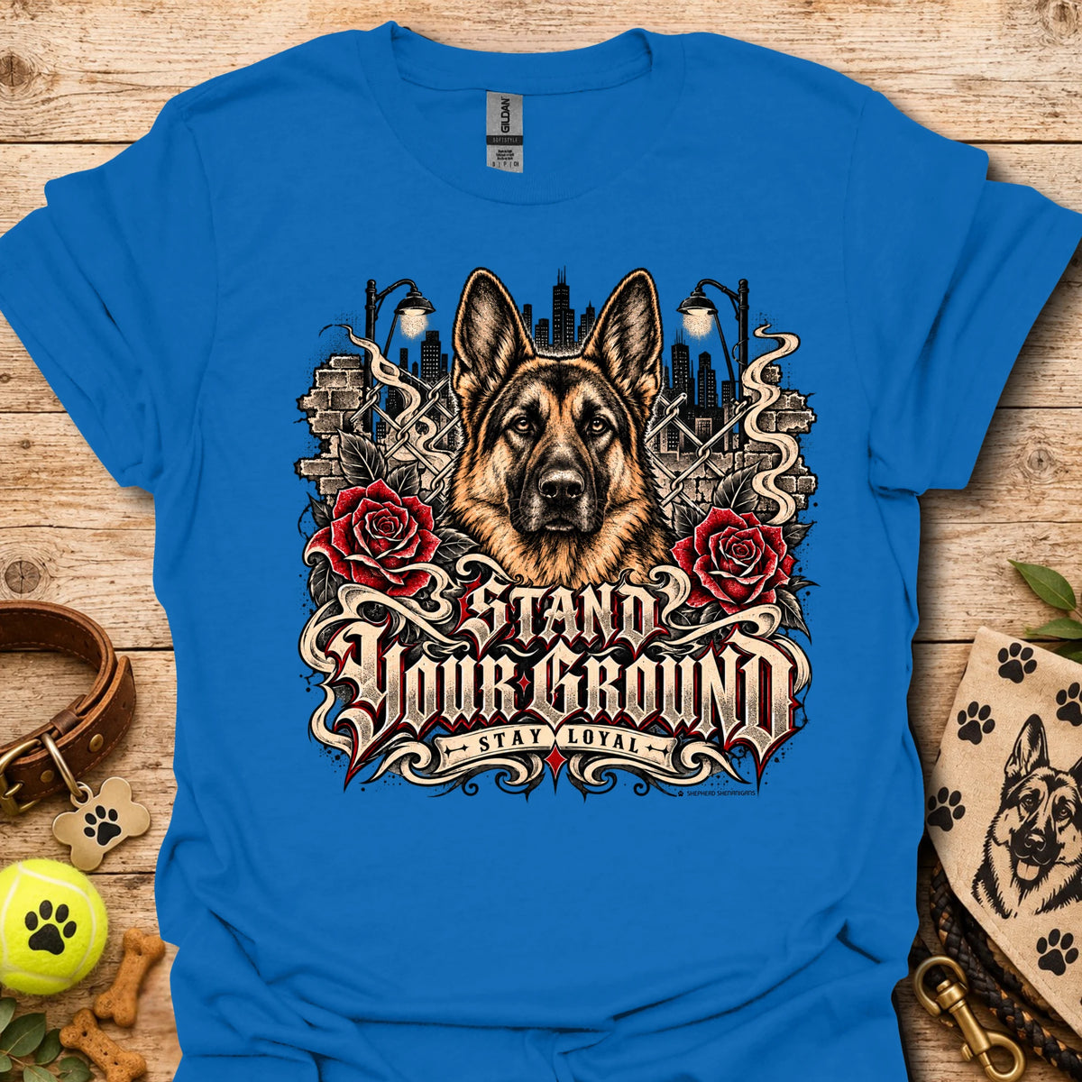 Royal blue T-shirt with German shepherd portrait, red roses, and detailed decorative print