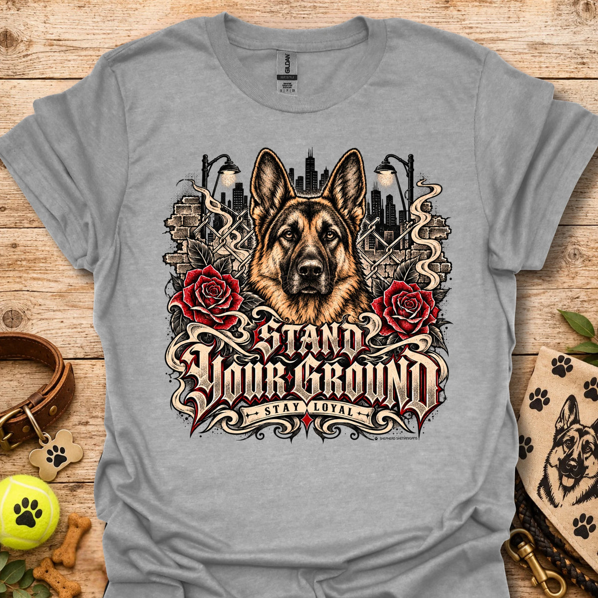 Sport gray T-shirt with German shepherd, red roses, and city-style ornate print