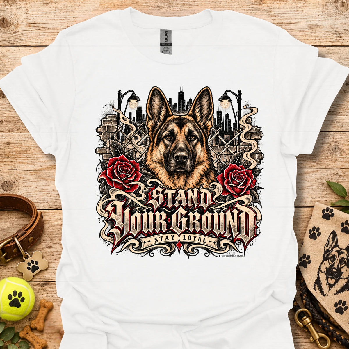 White T-shirt with German shepherd graphic, red roses, and decorative city lettering