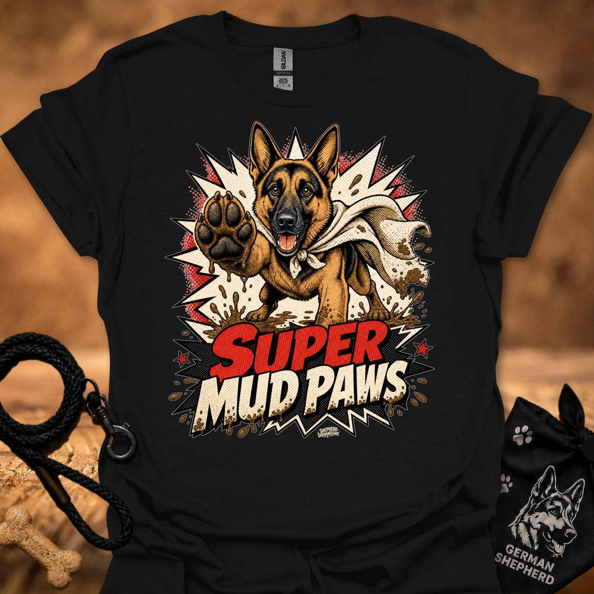 Black graphic T-shirt with German shepherd and paw; “Super Mud Paws” print.
