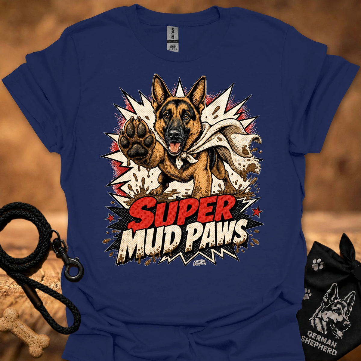 Navy blue graphic T-shirt with German shepherd and paw; “Super Mud Paws” print.