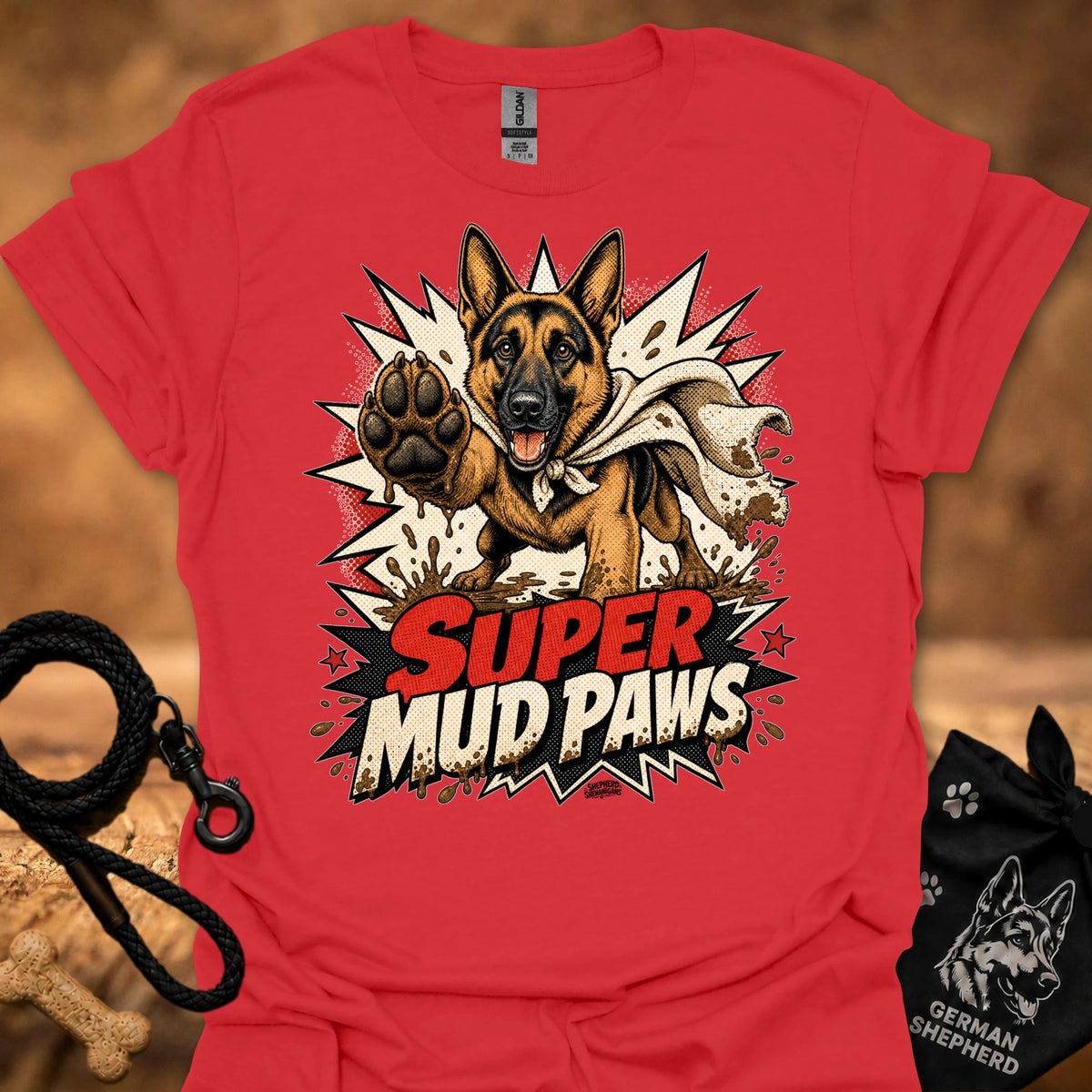 Red graphic T-shirt with German shepherd and paw; “Super Mud Paws” print.