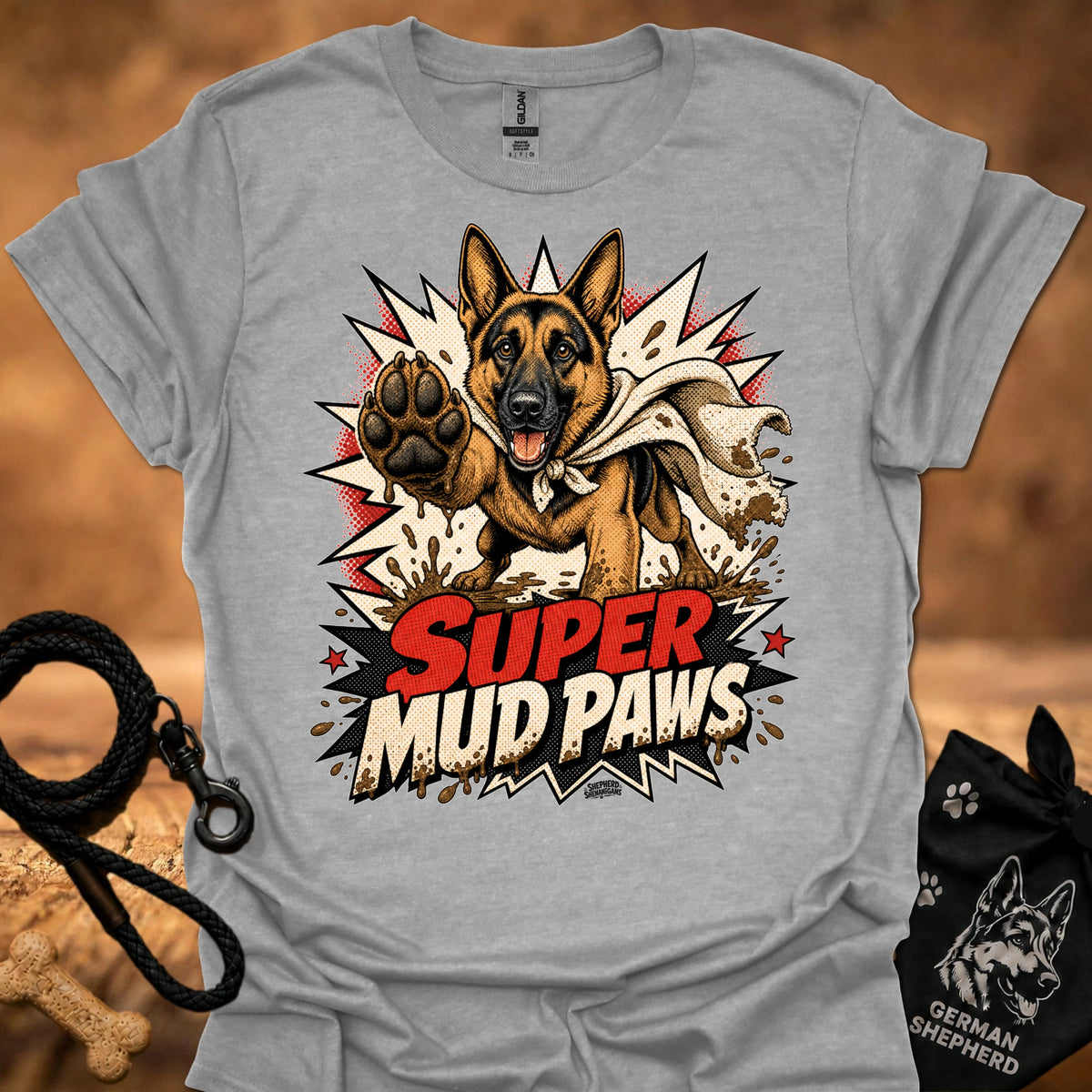 Heather gray graphic T-shirt with German shepherd and paw; “Super Mud Paws” print.