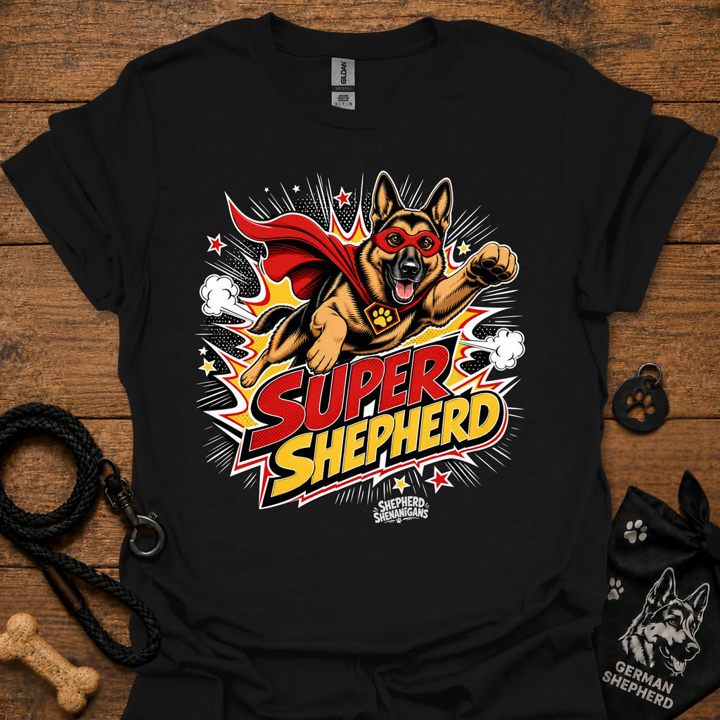 Dog graphic T-shirt in black, superhero-style dog and comic logo print