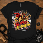 Dog graphic T-shirt in black, superhero-style dog and comic logo print