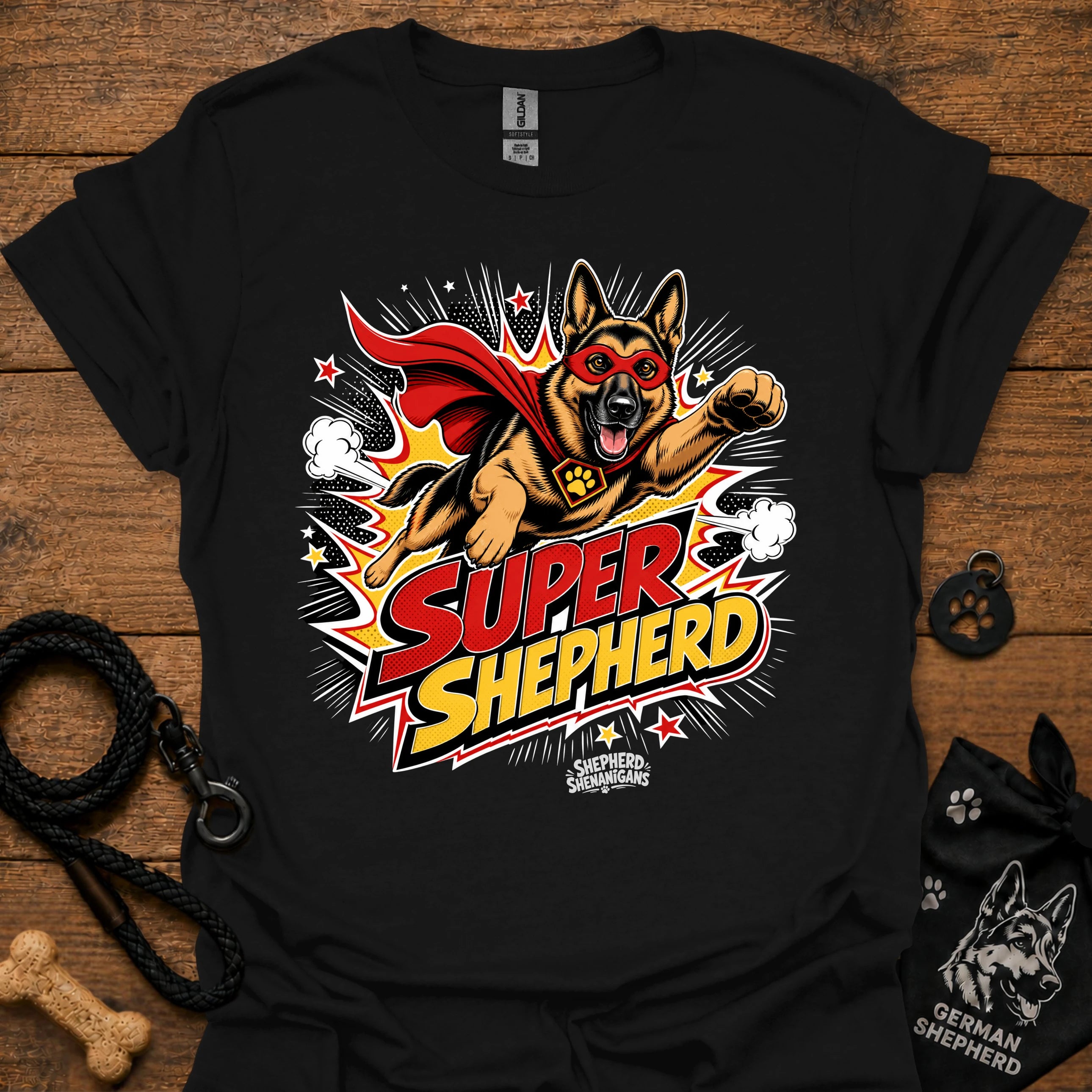 Dog graphic T-shirt in black, superhero-style dog and comic logo print