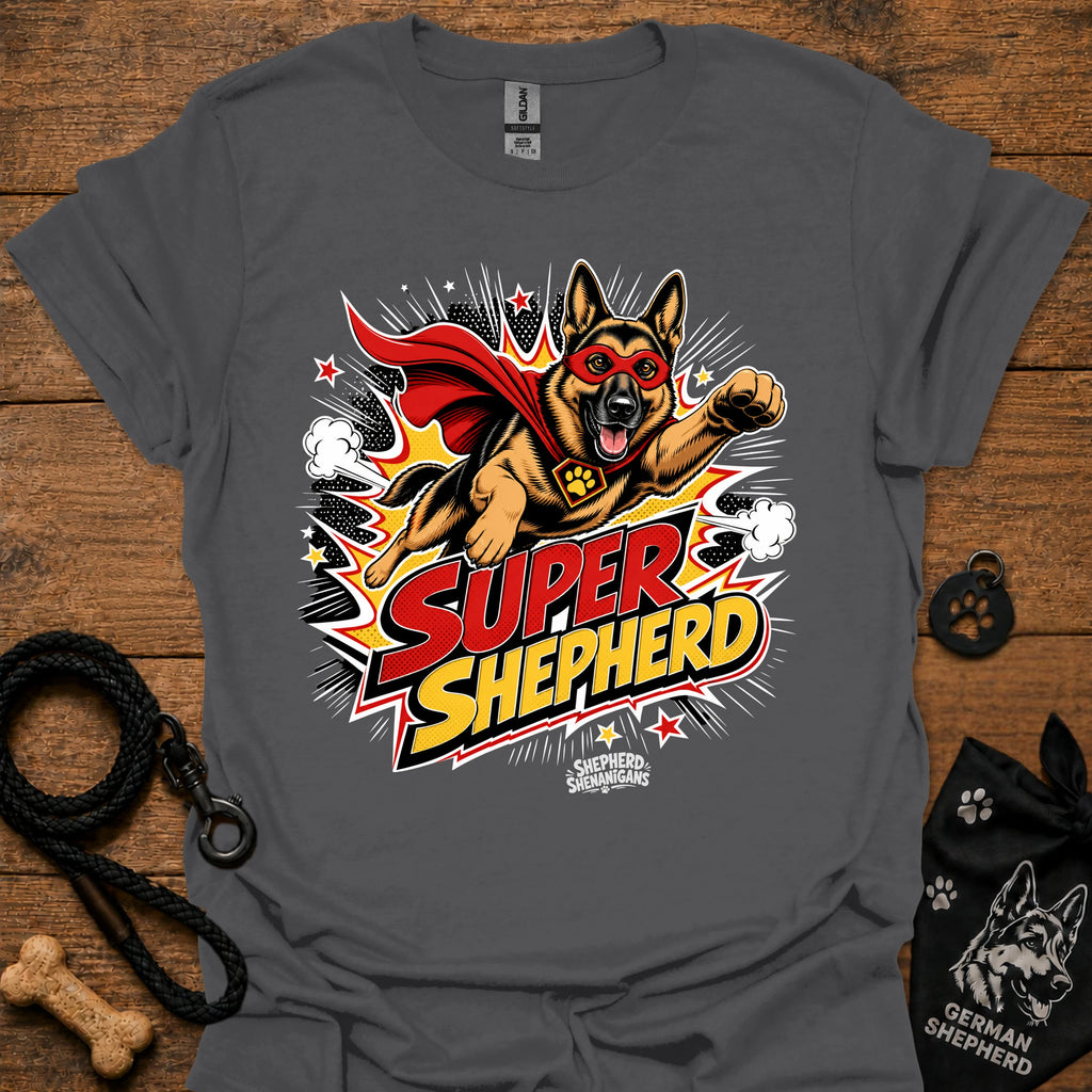 Dog graphic T-shirt in dark charcoal gray, superhero-style dog and comic logo