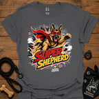 Dog graphic T-shirt in dark charcoal gray, superhero-style dog and comic logo