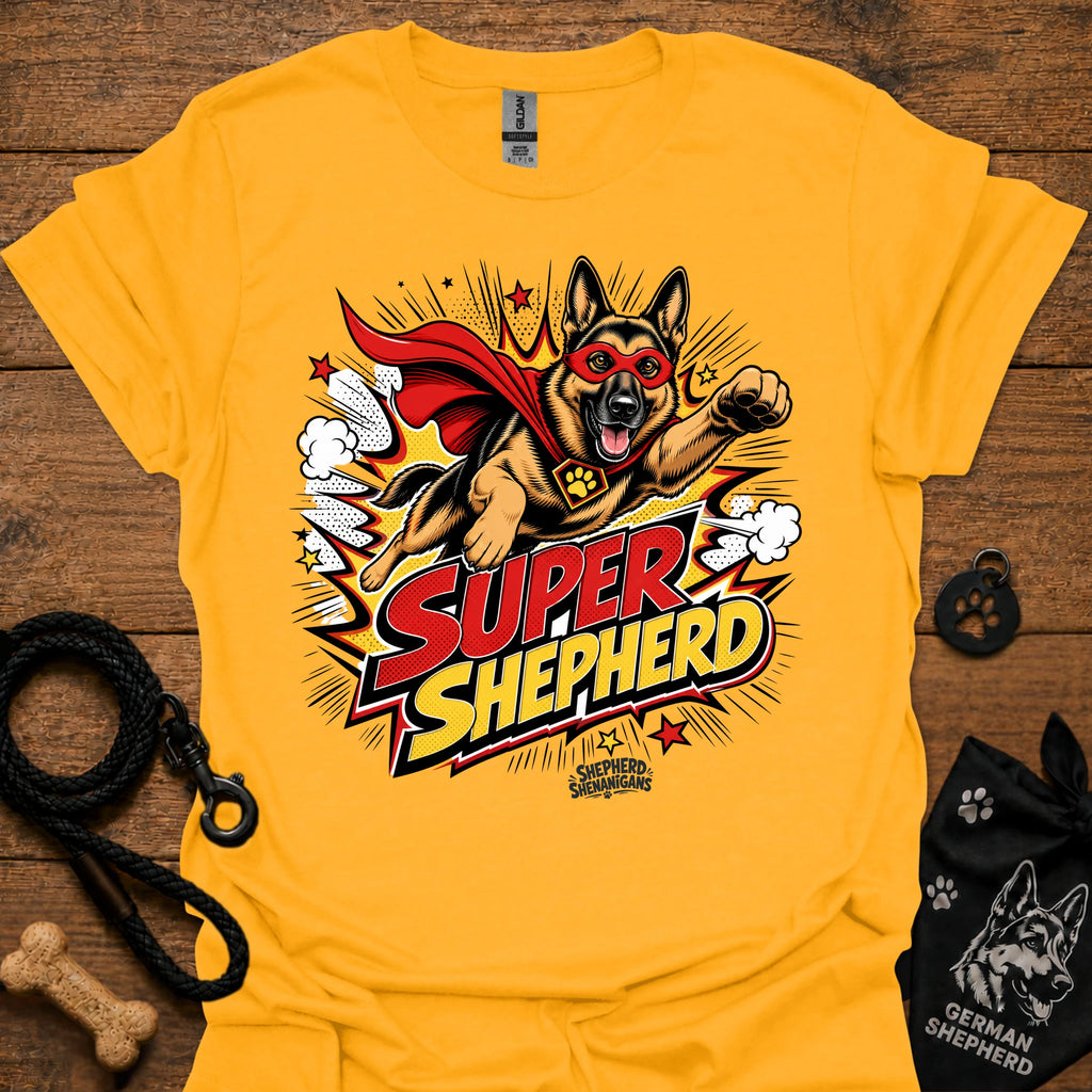 Dog graphic T-shirt in gold, superhero-style dog and comic logo print